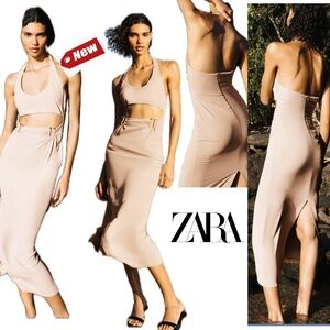 Zara beige knit halter cutout midi dress Sz XL NWT
